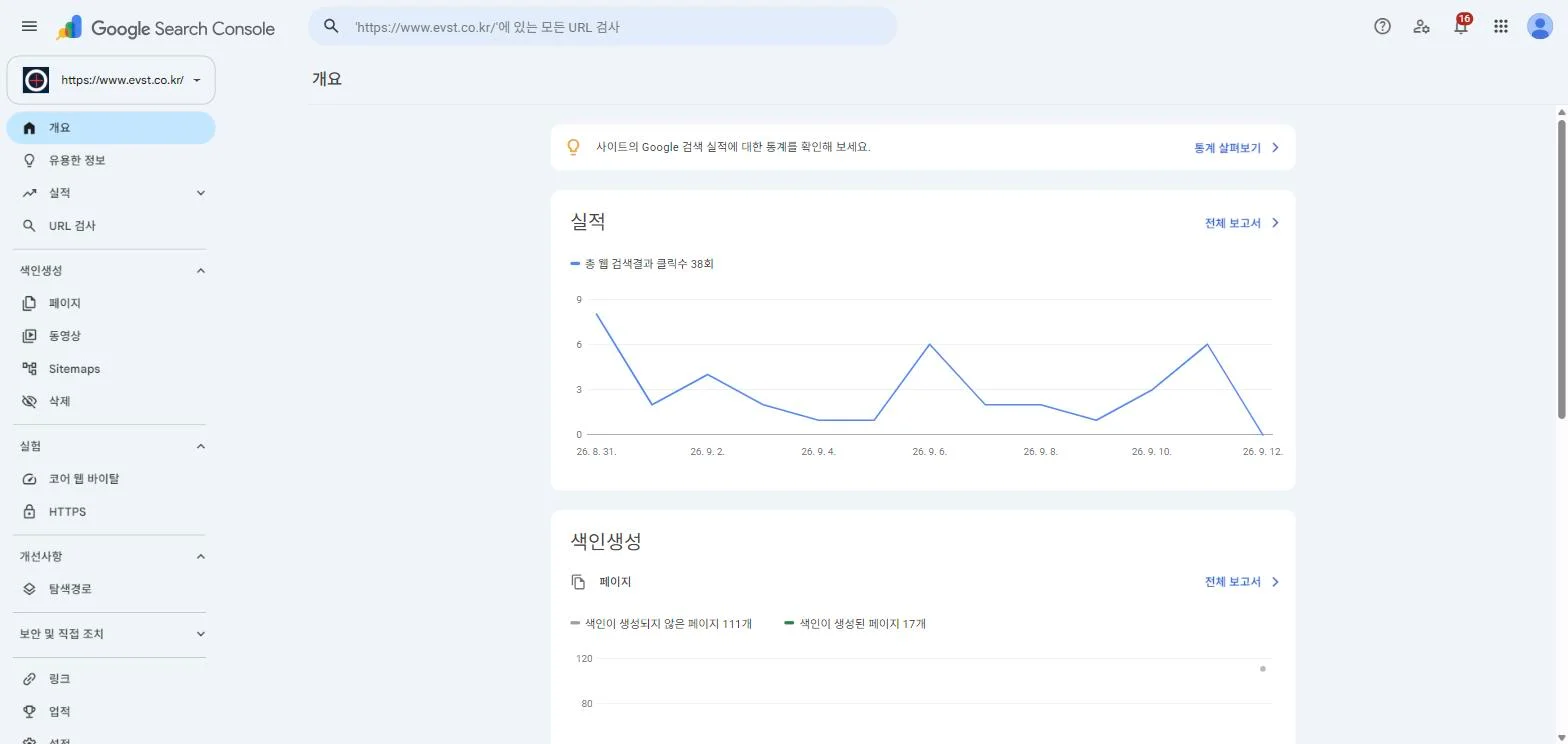 Search Console 개요 화면. 클릭수 그래프와 색인 생성 페이지 111개·색인 완료 17개 카드가 보인다